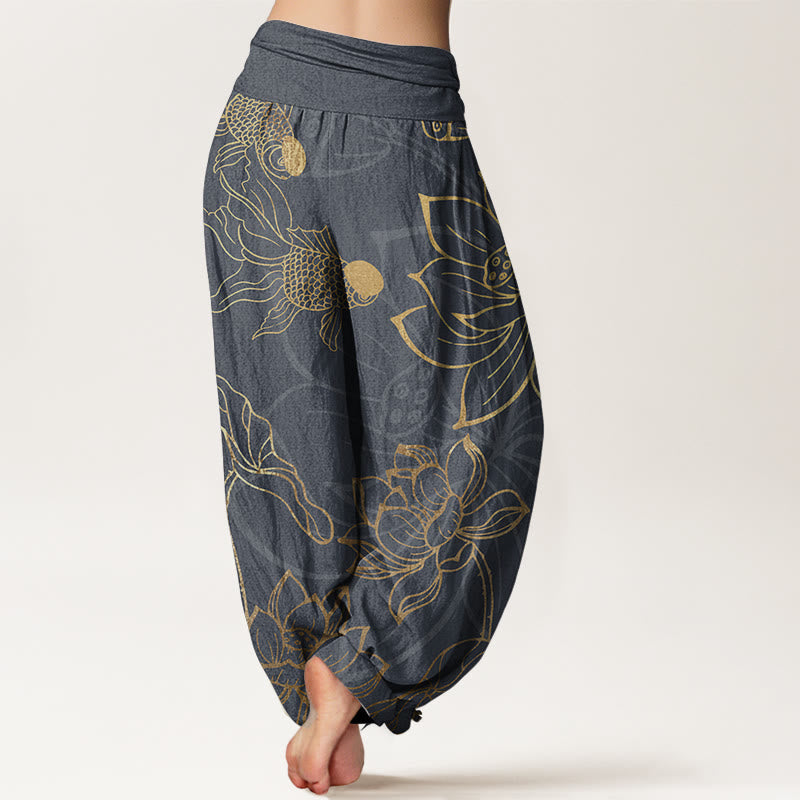 Pantalon Sarouel Femme Poissons Koi Lotus en Coton Pur Buddha Stones avec Taille Élastique