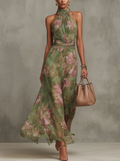 Jazina | Robe longue en mousseline verte à col halter