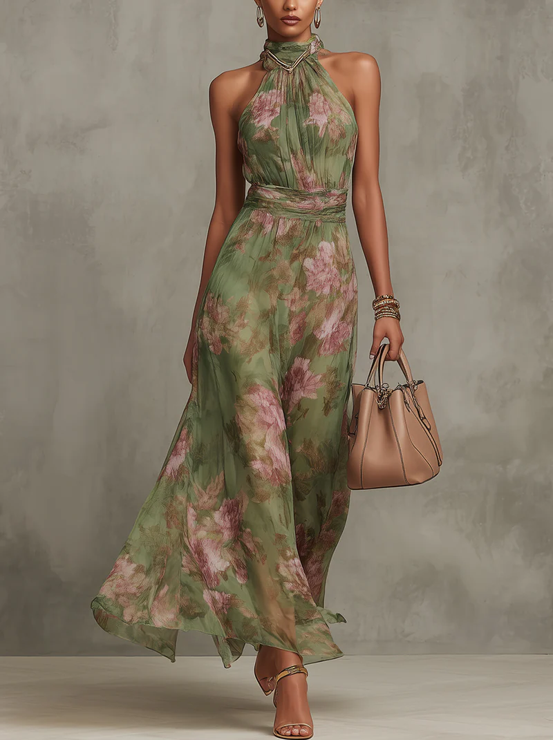 Jazina | Robe longue en mousseline verte à col halter