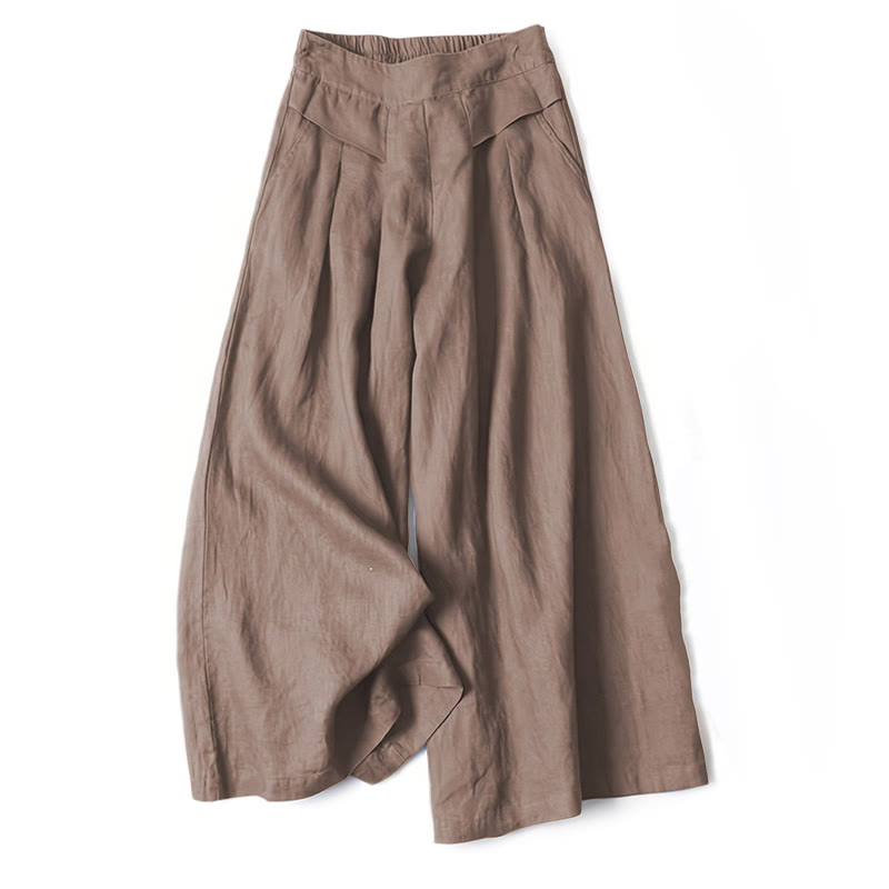 Pantalon large taille haute en coton et lin couleur unie Buddha Stones avec poches