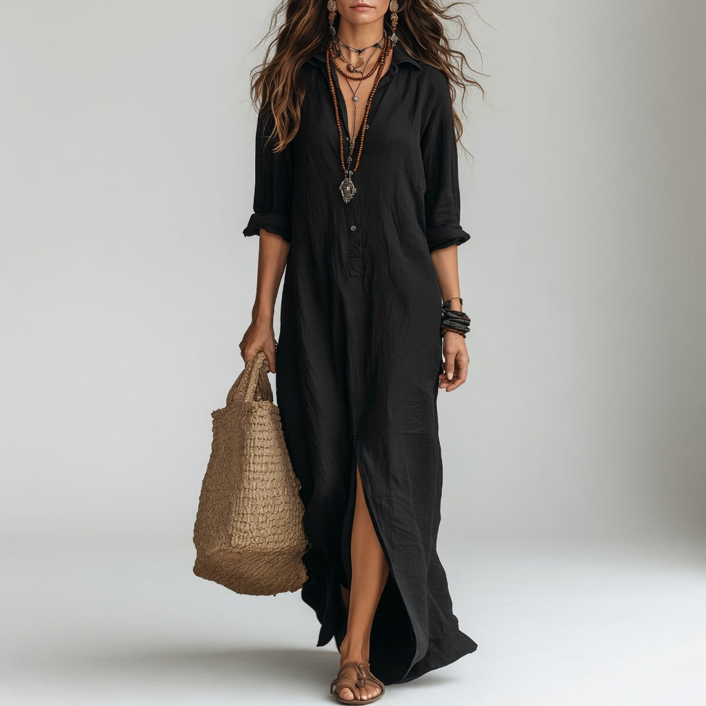Violaine™ — Robe chemise longue bohème chic naturelle