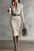 Diane | Robe Midi Tricotée Ceinturée à Col Montant