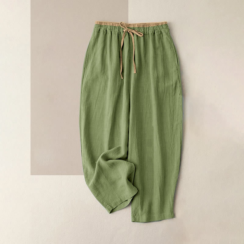 Pantalon Femme Bouddha Pierres Décontracté Uni en Coton et Lin à Cordon avec Poches
