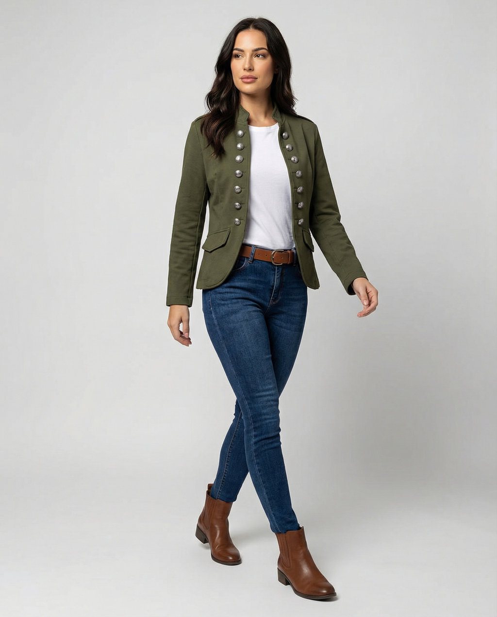 Elara — Army Green Stand-Collar Blazer