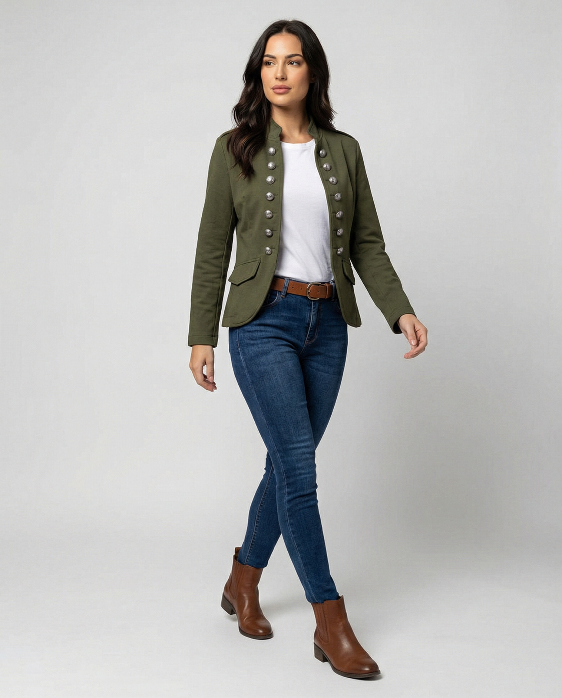 Elara — Army Green Stand-Collar Blazer