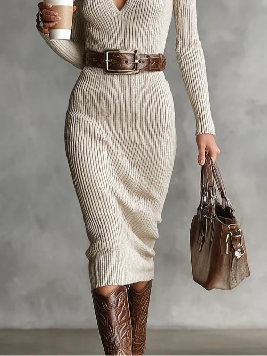 Diane | Robe Midi Tricotée Ceinturée à Col Montant