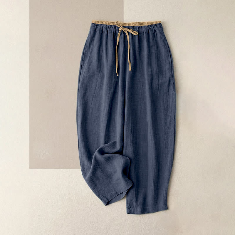 Pantalon Femme Bouddha Pierres Décontracté Uni en Coton et Lin à Cordon avec Poches