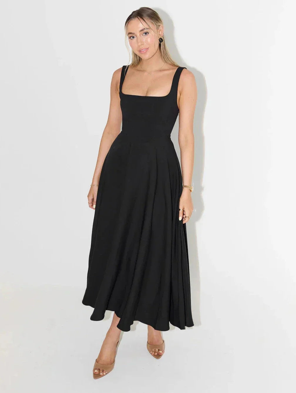 The Elara Midi — Noir Square Neck Dress