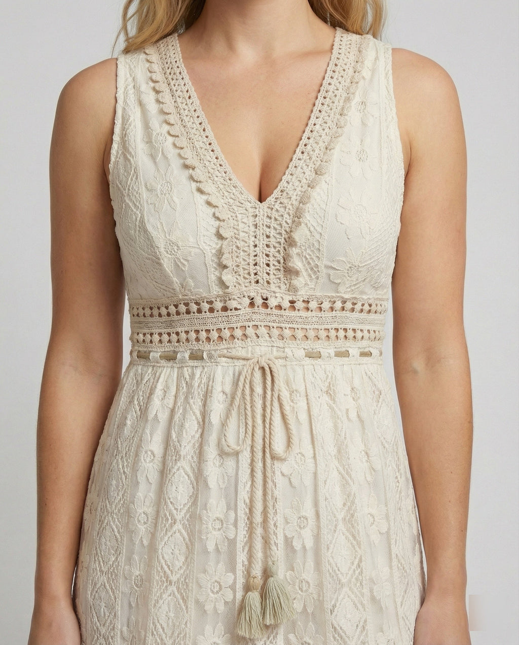 The Liora — Linen Boho Lace Maxi Dress
