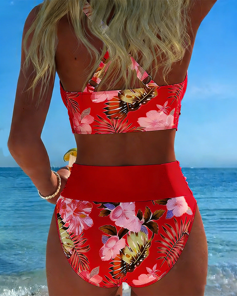 Bikini fendu à motif floral contrastant