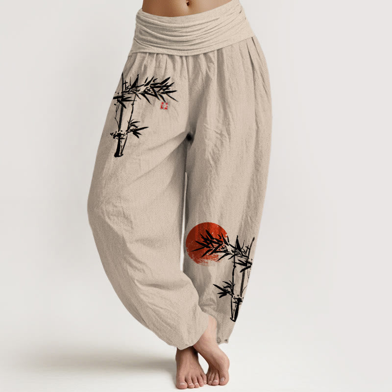 Pantalon Harem Femme en Coton Pur à Taille Élastique, Motif Soleil Rouge, Feuilles de Bambou et Pierres de Bouddha