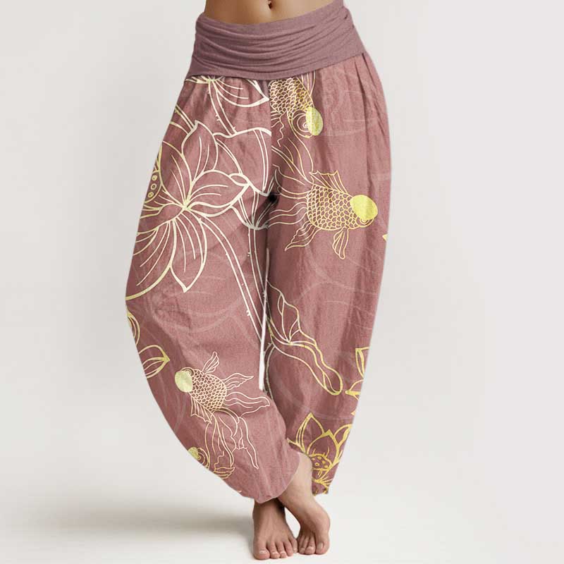 Pantalon Sarouel Femme Poissons Koi Lotus en Coton Pur Buddha Stones avec Taille Élastique