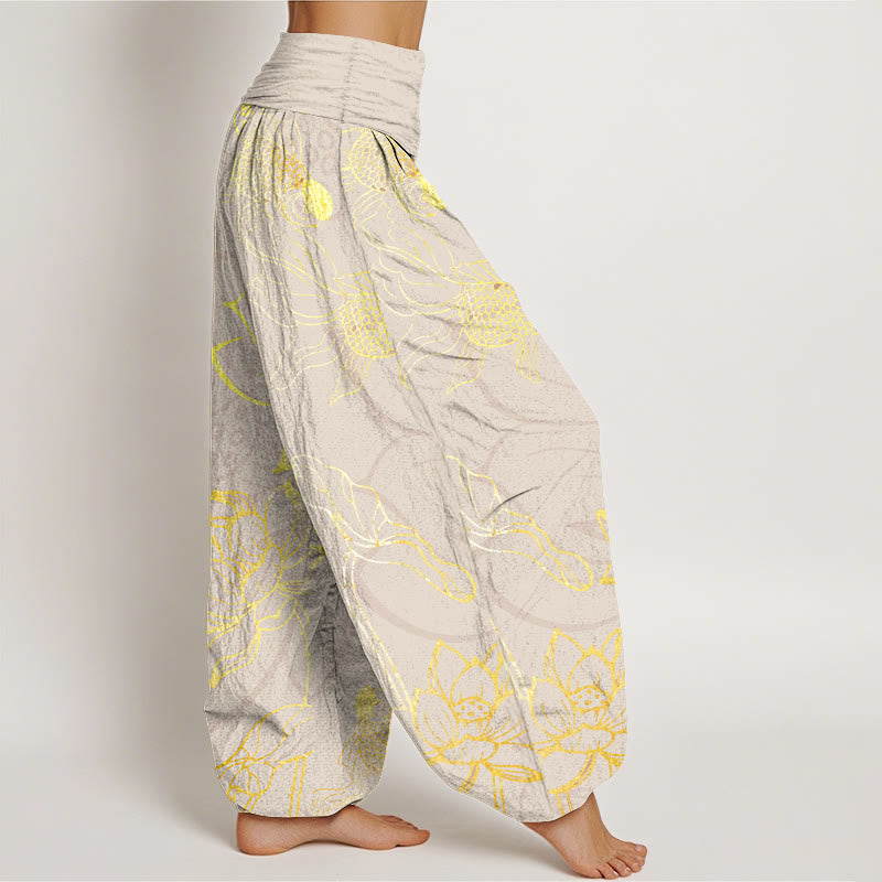 Pantalon Sarouel Femme Poissons Koi Lotus en Coton Pur Buddha Stones avec Taille Élastique