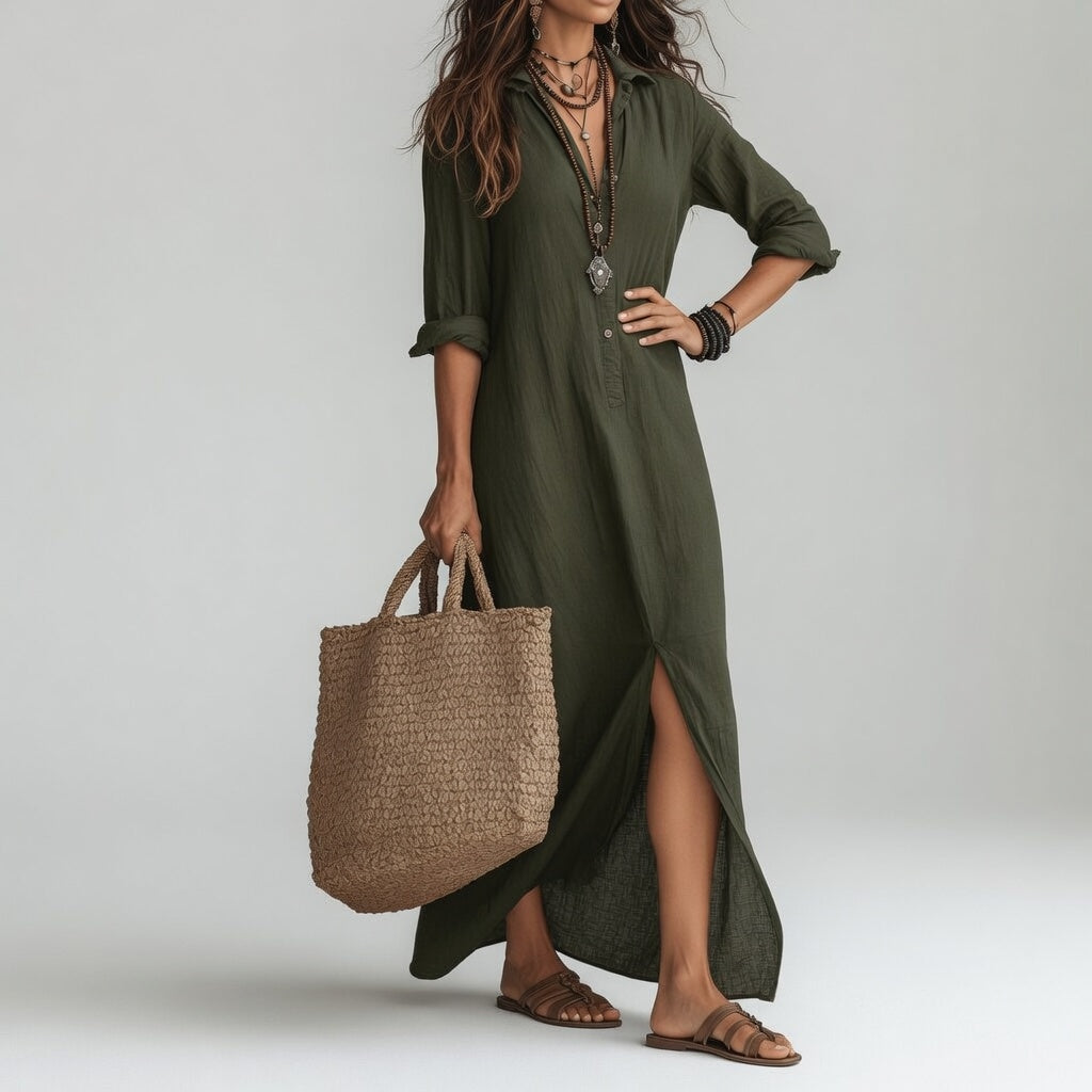 Violaine™ — Robe chemise longue bohème chic naturelle
