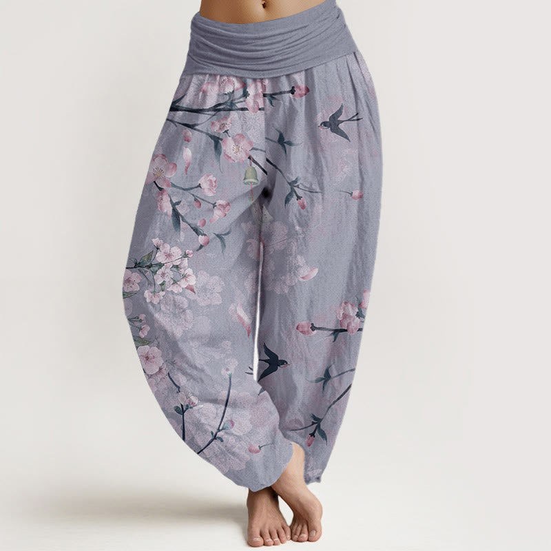 Pantalon sarouel taille élastique femme en coton pur Buddha Stones motif pêchers en fleurs et oies sauvages volantes