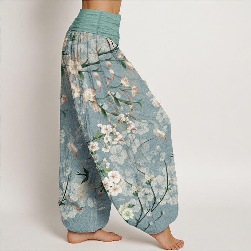 Pantalon sarouel taille élastique femme en coton pur Buddha Stones motif pêchers en fleurs et oies sauvages volantes