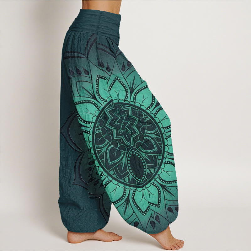 Pantalon Harem Femme Taille Élastique en Coton avec Motif Mandala Symétrique Pierre de Bouddha