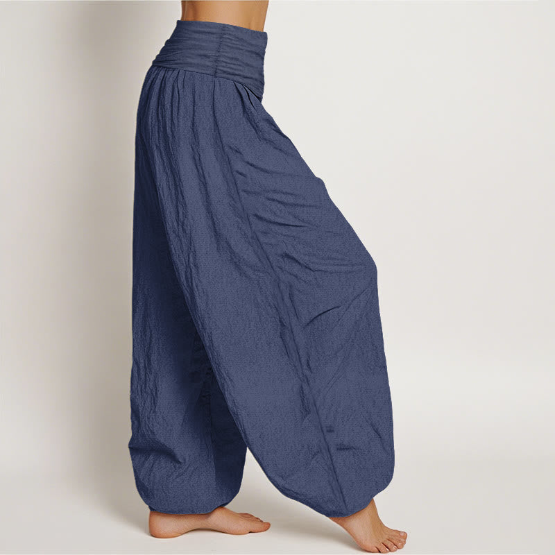 Pantalon bouffant en coton à taille élastique pour femmes Buddha Stones avec motif lotus en fleurs et symbole Om