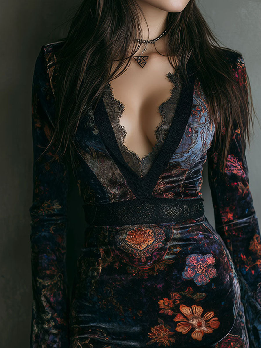 Marisol™ | Robe Mini Velours avec Motif Floral Bohème