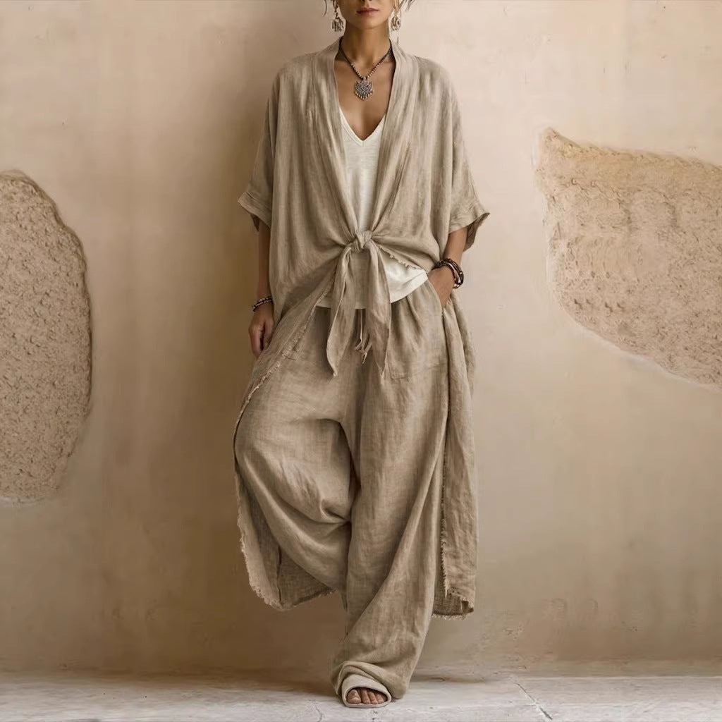 Ensemble deux pièces kimono en lin oversize et pantalon à jambes larges