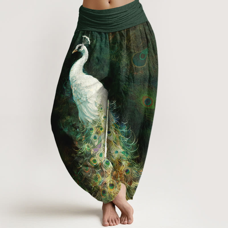 Pantalon sarouel femme taille élastique en coton pur Buddha Stones avec design magnifique de paon