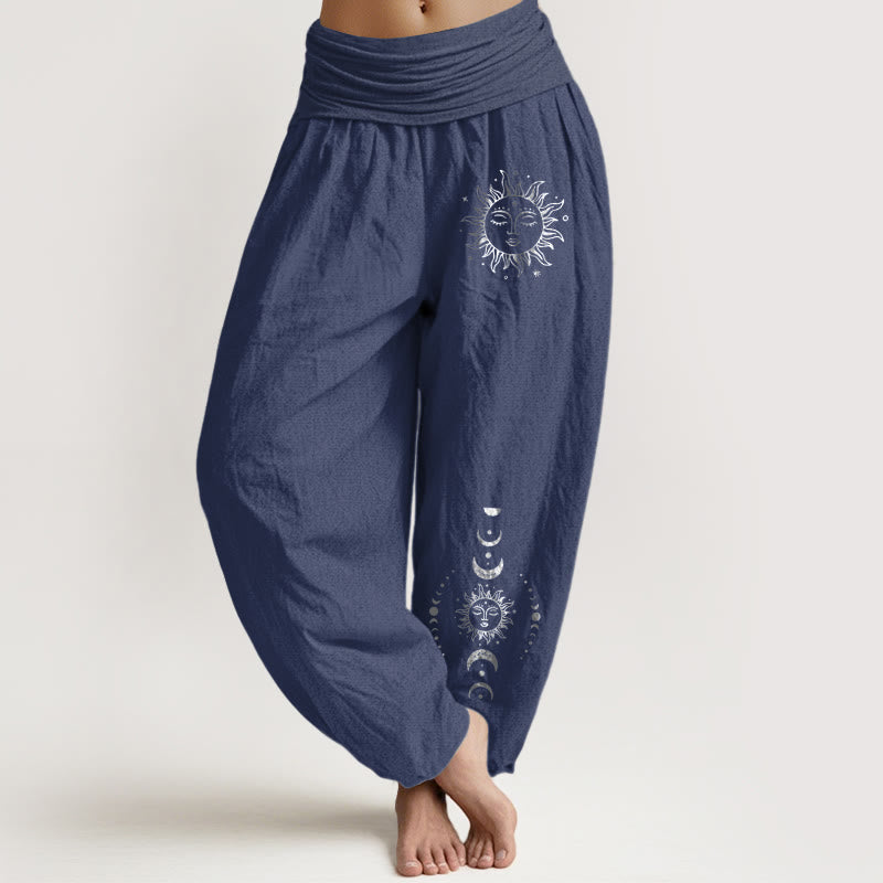 Pantalon Harem en Coton Pur pour Femme à Taille Élastique avec Motif Pierres Bouddha Soleil Lune Étoiles