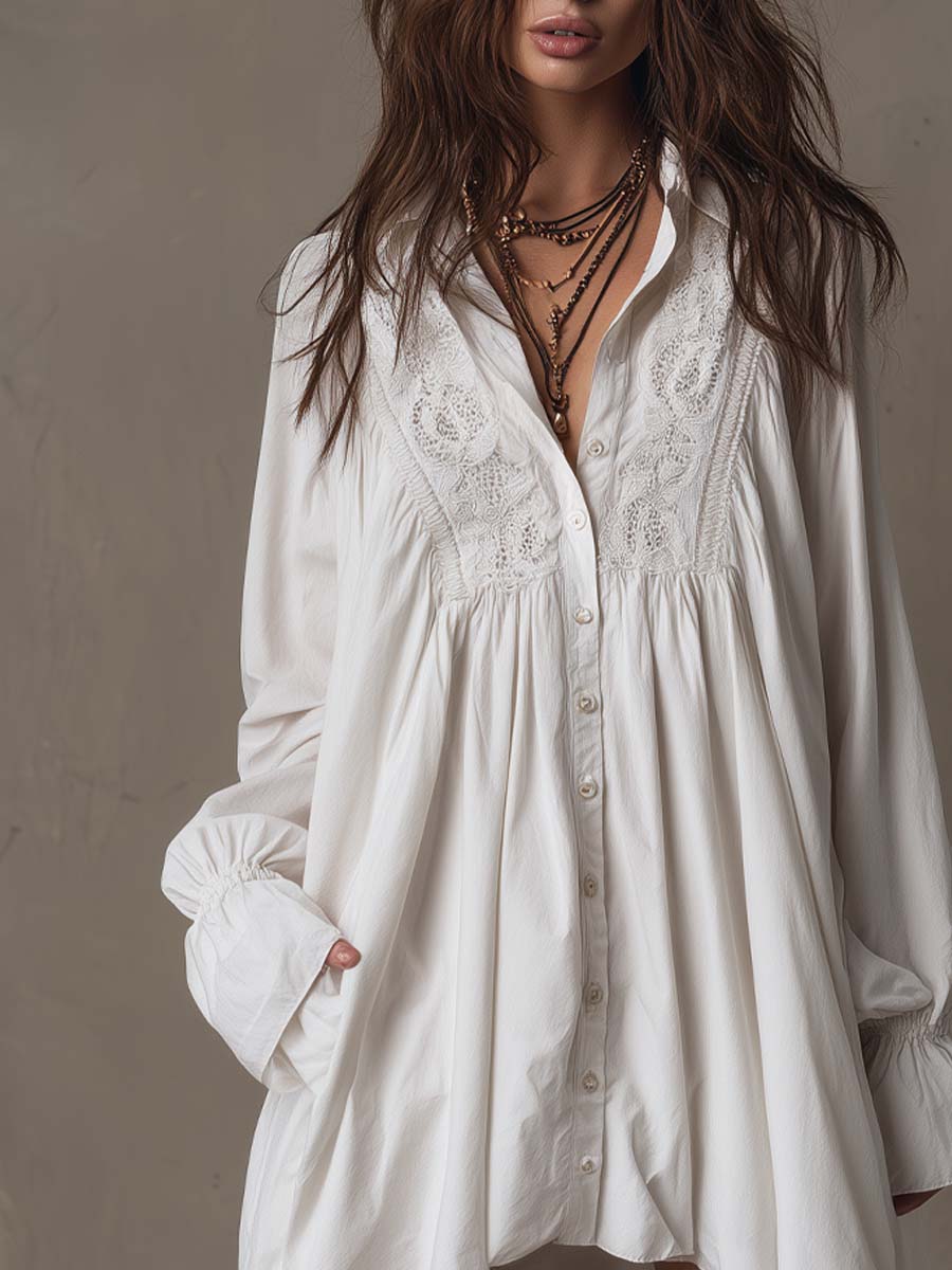 Robe courte à manches longues style rétro avec ourlet en dentelle irrégulier