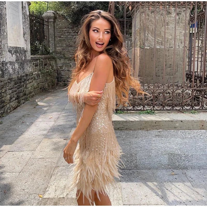 The Elira — Feathered Sequin Cocktail Dress