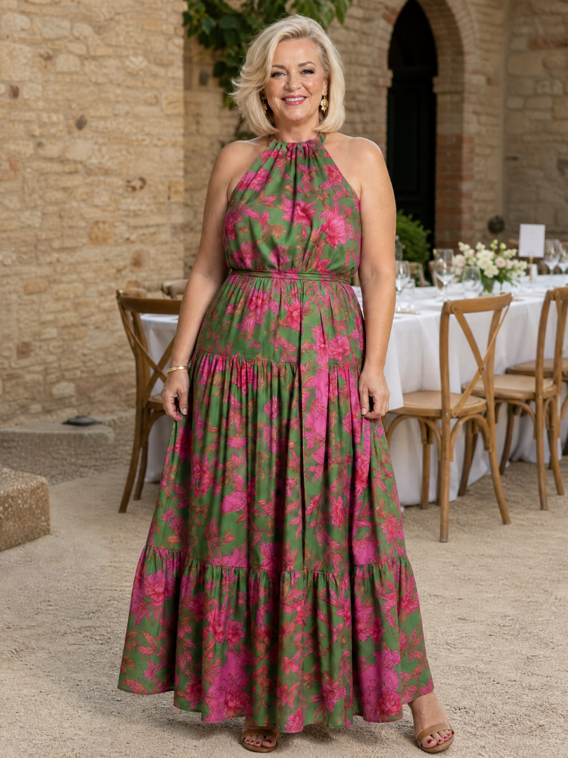 Robe midi rose avec design drapé et encolure halter élégante