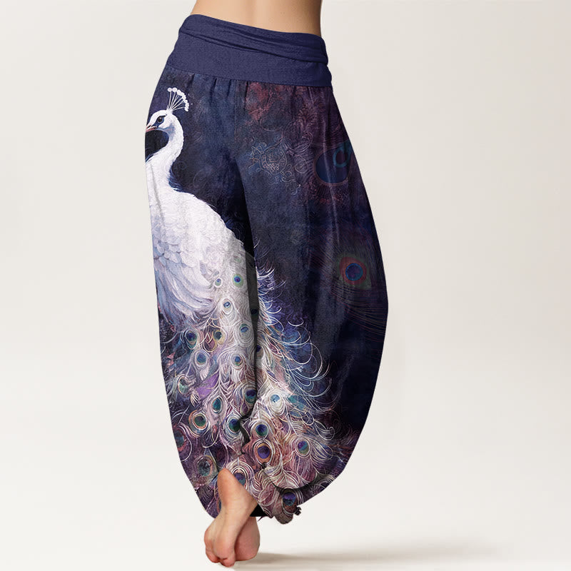 Pantalon sarouel femme taille élastique en coton pur Buddha Stones avec design magnifique de paon