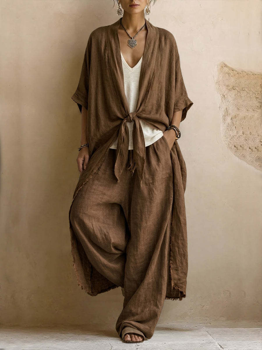 Ensemble deux pièces kimono en lin oversize et pantalon à jambes larges