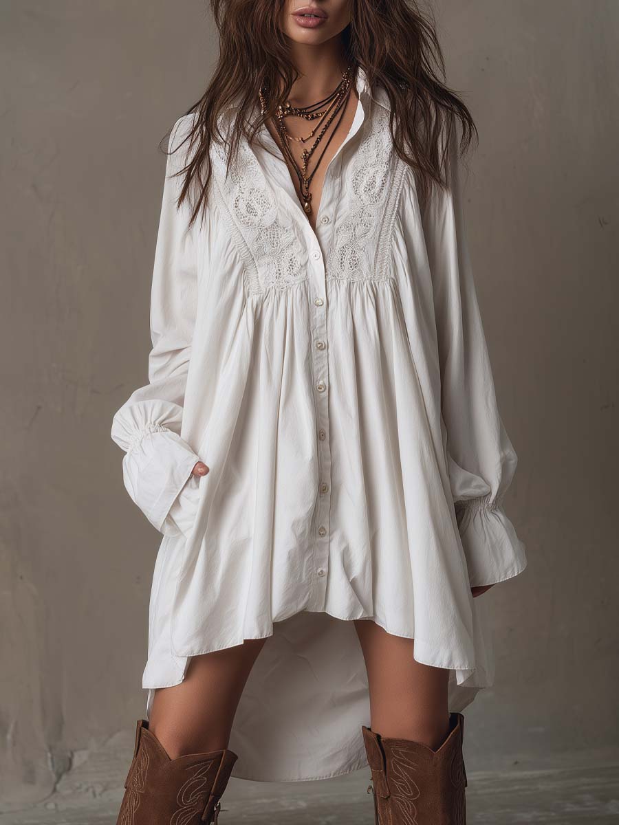 Robe courte à manches longues style rétro avec ourlet en dentelle irrégulier