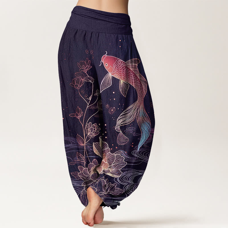Pantalon Sarouel Femme Taille Élastique Coton Pur Design Poisson Koi Lotus Pierres Bouddha