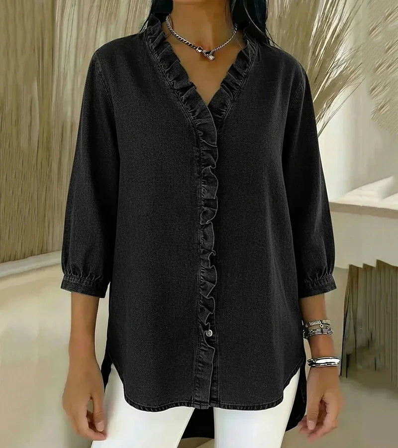 Linnea — Midnight Denim Ruffle Blouse