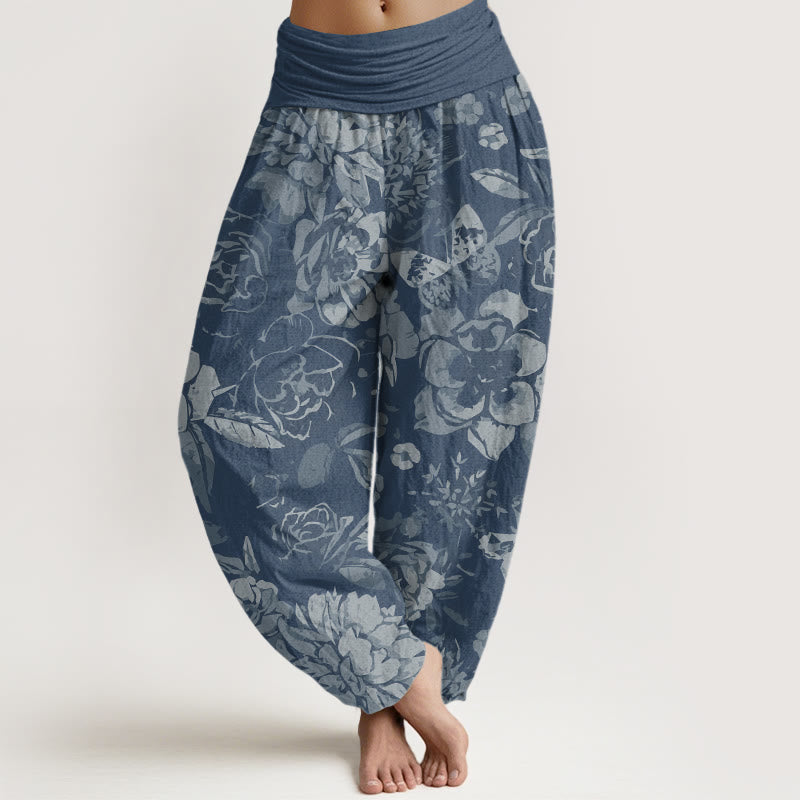 Pantalon Sarouel Décontracté en Coton Buddha Stones pour Femme, Motifs Pivoine Florale et Feuilles, Taille Élastique