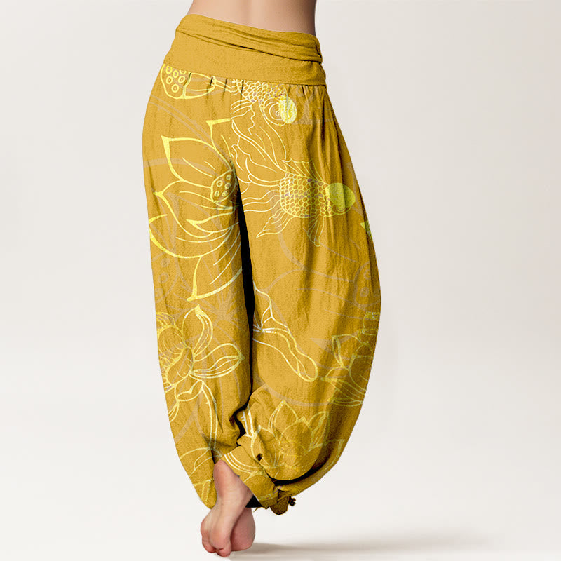 Pantalon Sarouel Femme Poissons Koi Lotus en Coton Pur Buddha Stones avec Taille Élastique