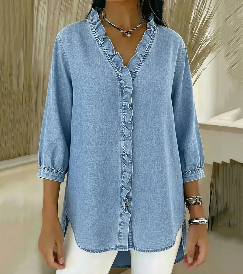 Linnea — Midnight Denim Ruffle Blouse