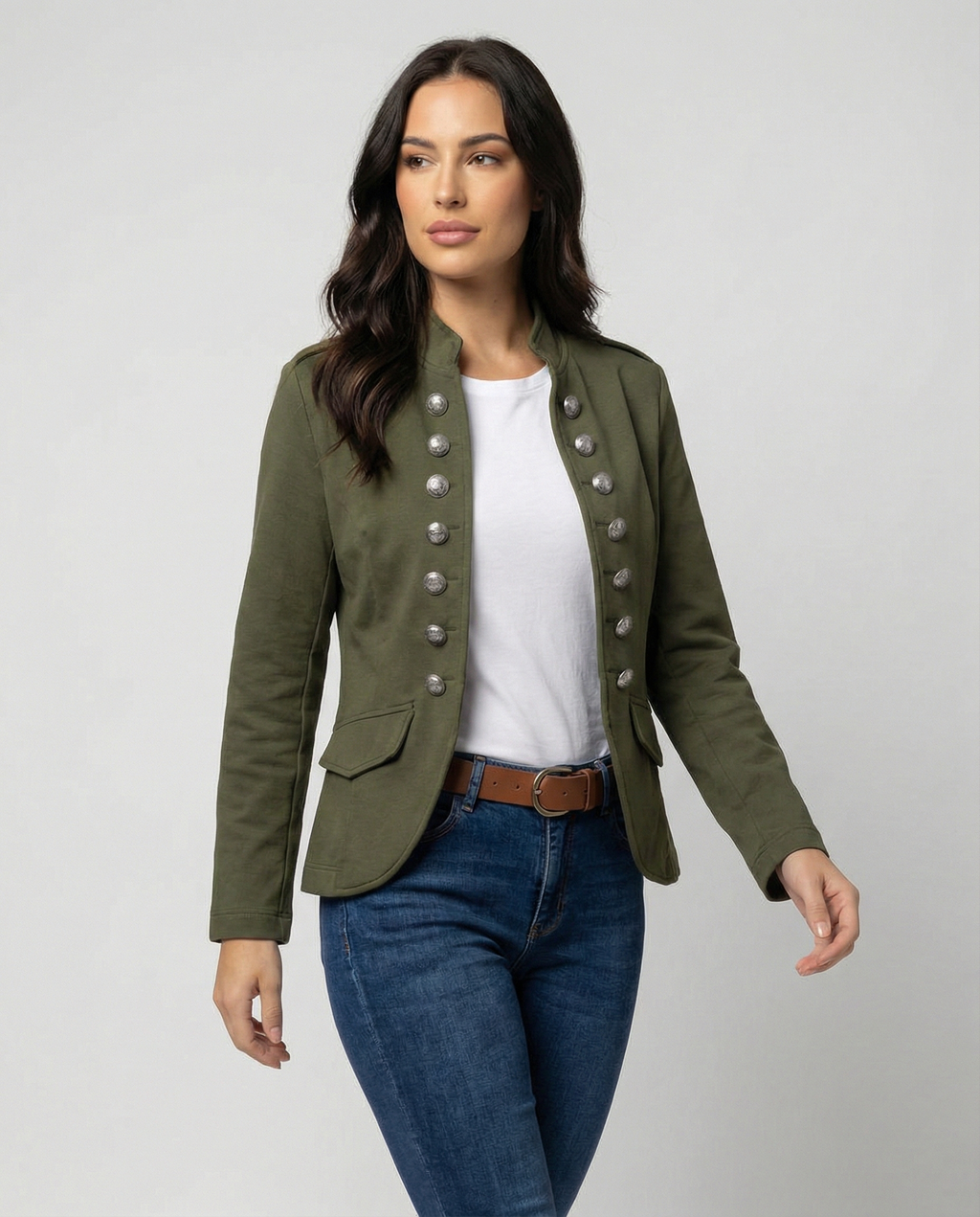Elara — Army Green Stand-Collar Blazer