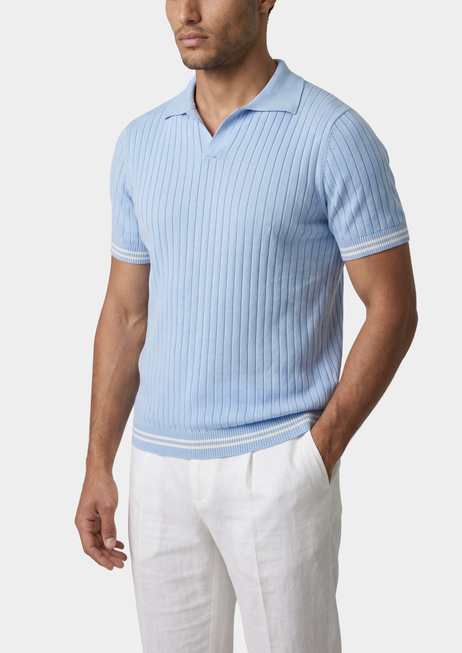 Polo côtelé bleu clair PIERRE sans boutons