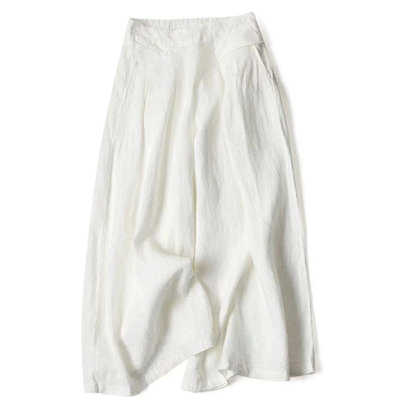 Pantalon large taille haute en coton et lin couleur unie Buddha Stones avec poches