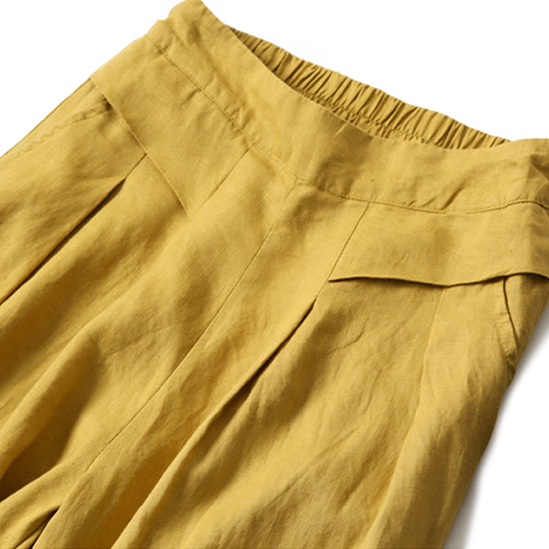 Pantalon large taille haute en coton et lin couleur unie Buddha Stones avec poches