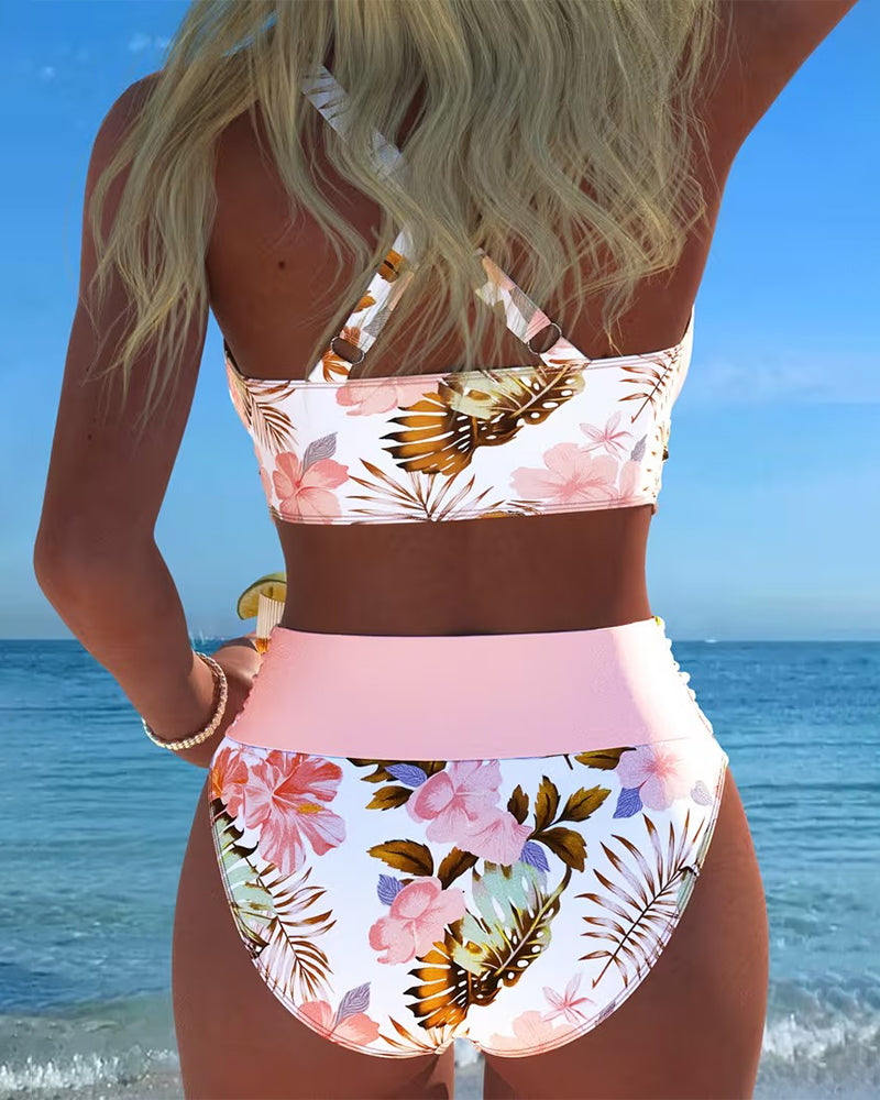 Bikini fendu à motif floral contrastant