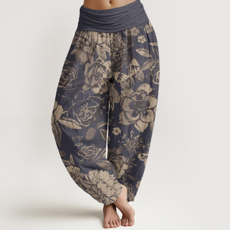 Pantalon Sarouel Décontracté en Coton Buddha Stones pour Femme, Motifs Pivoine Florale et Feuilles, Taille Élastique