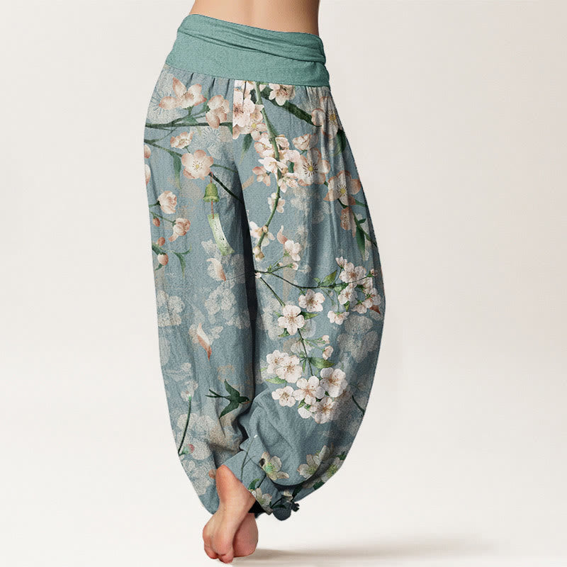 Pantalon sarouel taille élastique femme en coton pur Buddha Stones motif pêchers en fleurs et oies sauvages volantes