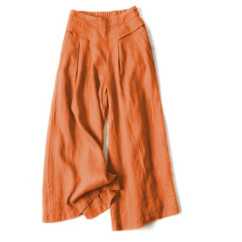 Pantalon large taille haute en coton et lin couleur unie Buddha Stones avec poches
