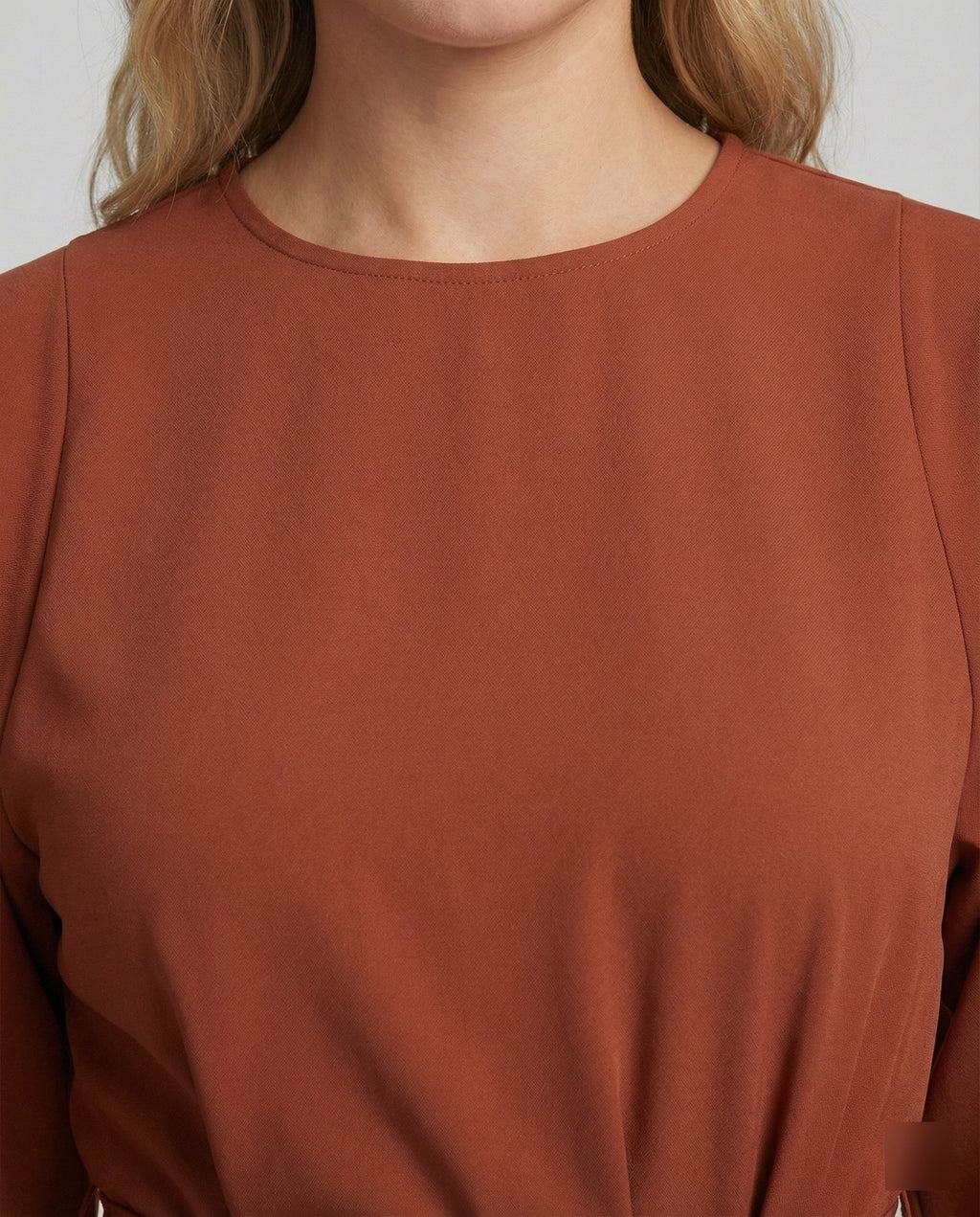 The Esmé — Lantern Sleeve Midi Dress in Rust Brown