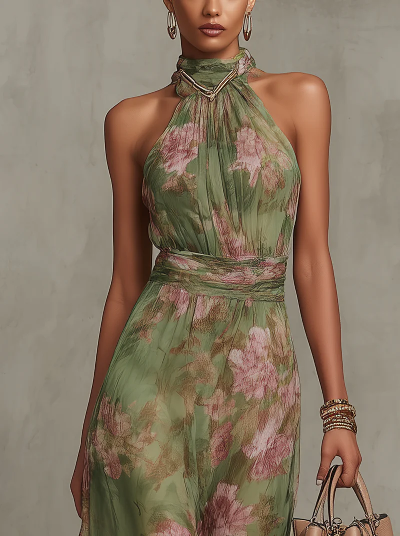 Jazina | Robe longue en mousseline verte à col halter