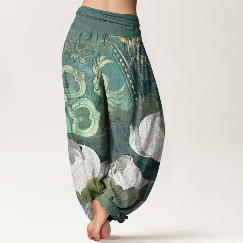 Pantalon Harem Femme Décontracté Taille Élastique en Coton Blanc Motif Feuilles de Lotus Bouddha
