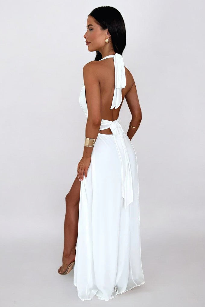 LILLI | Robe maxi tendance à col halter avec une fente haute