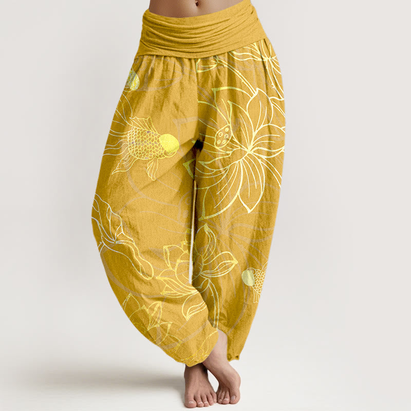 Pantalon Sarouel Femme Poissons Koi Lotus en Coton Pur Buddha Stones avec Taille Élastique